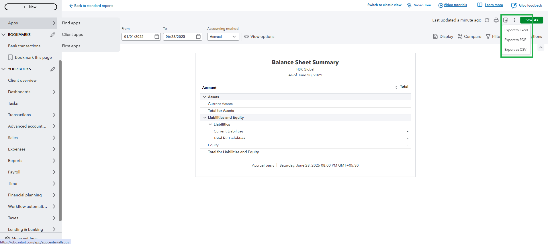 Export the report to excel or PDF in Quickbooks online