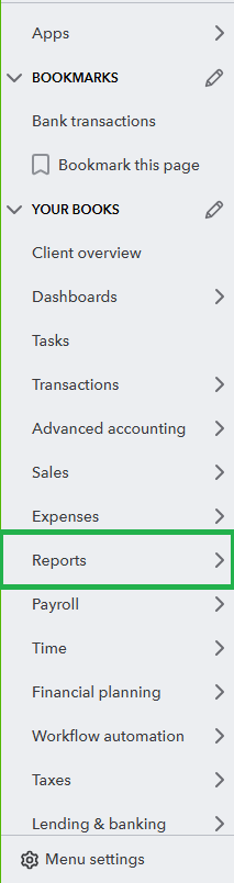 Quickbooks online Report tab