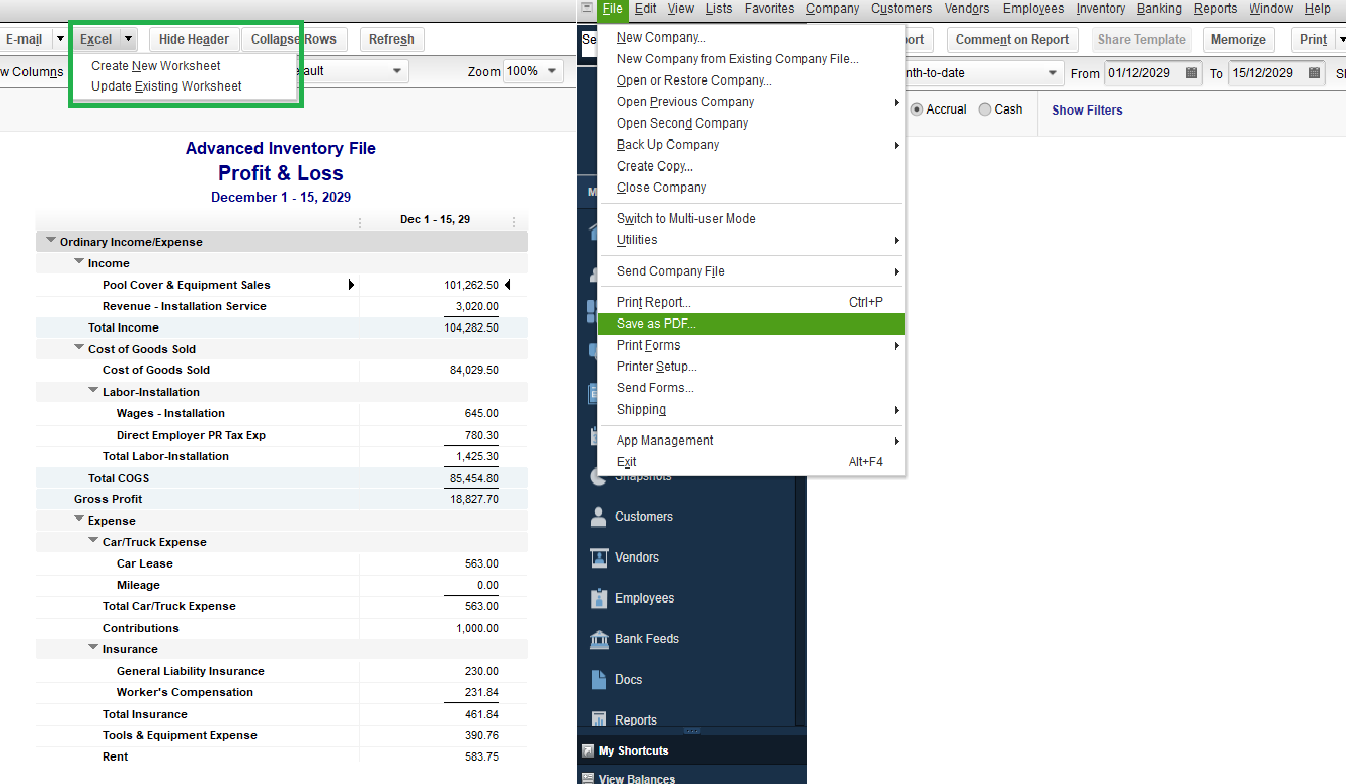 Quickbooks Desktop export report to excel or PDF.